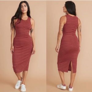 Marine Layer Lexi Rib Daytime Midi Dress in Ruby Wine MultiStripe Size Small.